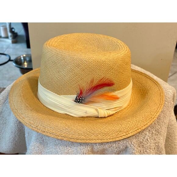 Vintage Styled By Coralie Cream Straw Hat Feather embellished Gambler Fedora - Picture 7 of 7